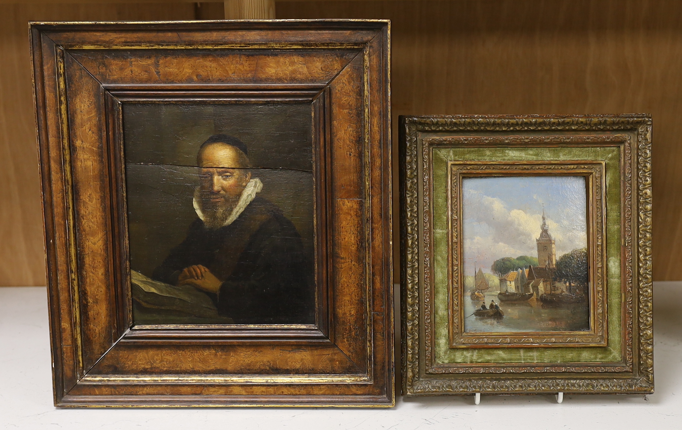 Oil on board, Portrait of a 17th century gentleman wearing a cap and ruff, together with a small oil on board, Continental river landscape with boats, indistinctly signed, largest 18 x 15cm
